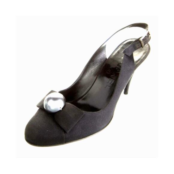 CHANEL 7.5 Classic Ribbon Bow Slingback Audrey Pumps Silver Pearl Heels Black 38 - Picture 5 of 9